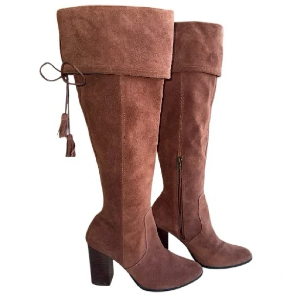 M4D3 Rafaelle Camel Brown Leather Boots Over Knee Tassel Ties Sz 9.5 - Picture 2 of 16